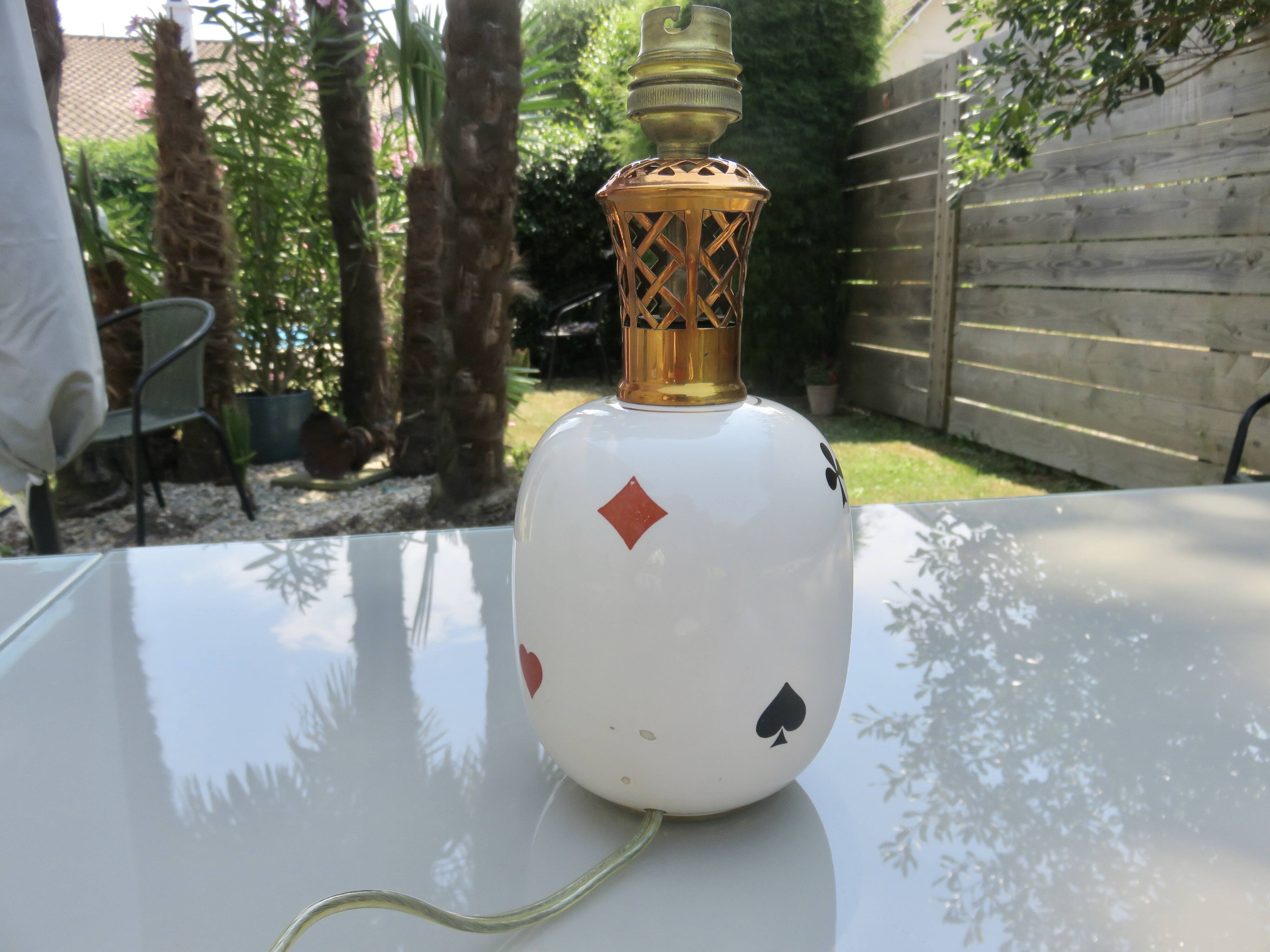 Porcelain lamp Rivière Letort, Saint Méen Le Grand "playing cards"