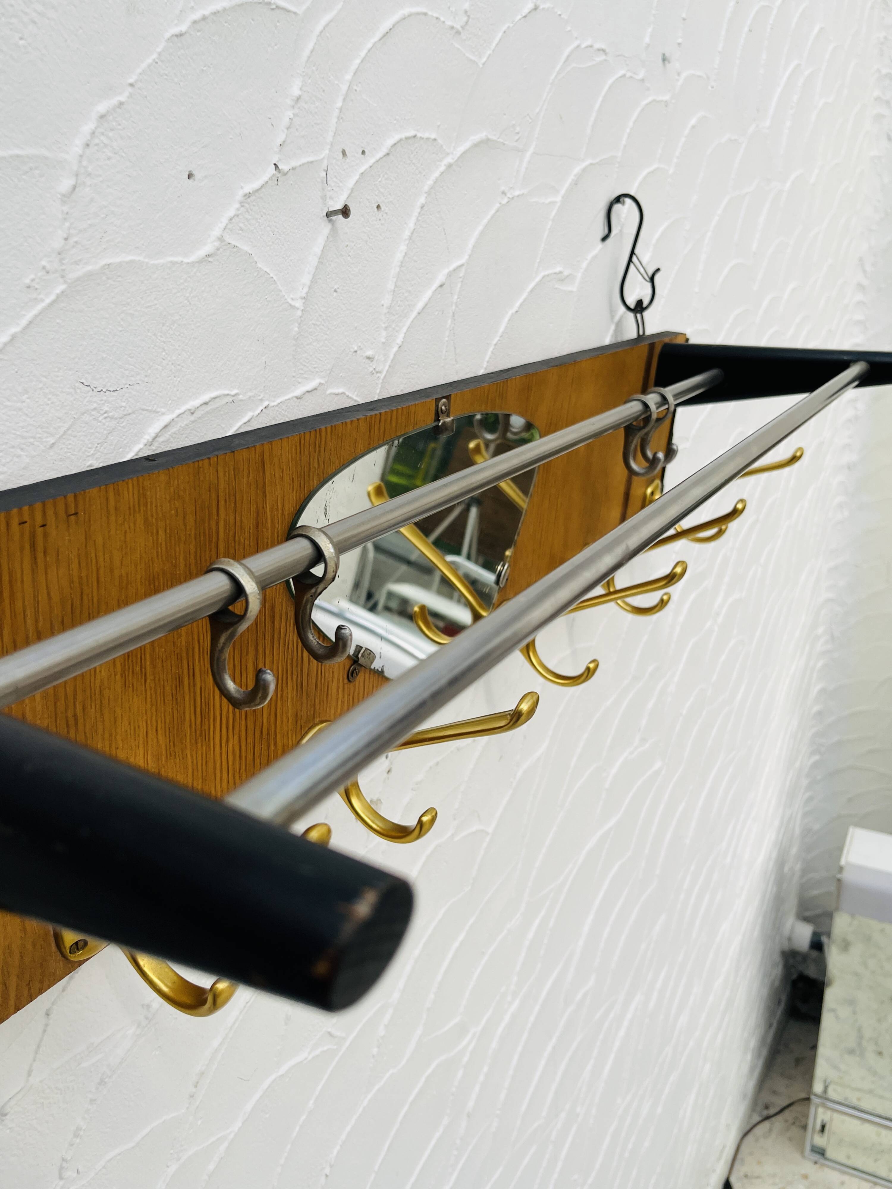 Vintage teak wall coat rack with mirror