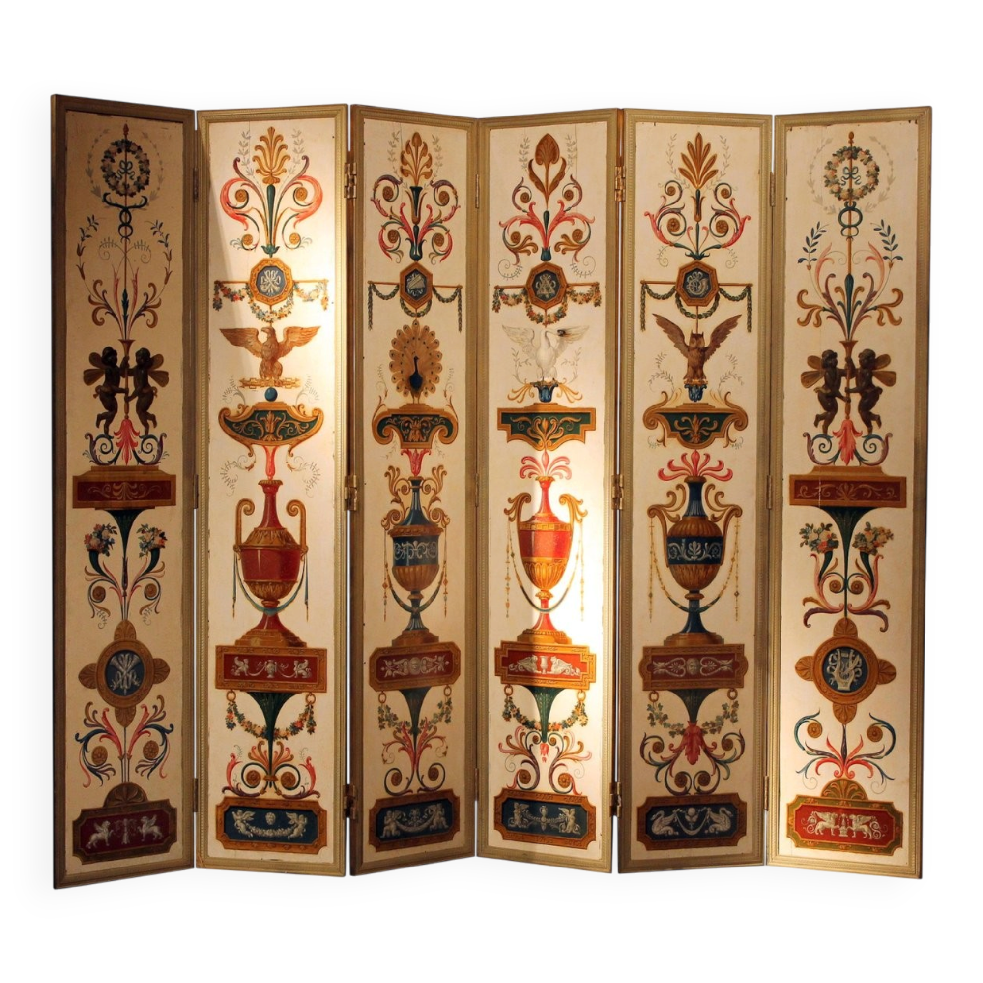 19th Century Italian Six-Panel Painted Wood Folding Screen in Gilt Bronze Frame