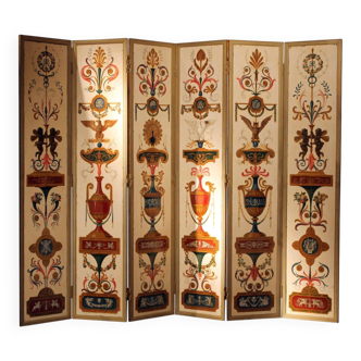 19th Century Italian Six-Panel Painted Wood Folding Screen in Gilt Bronze Frame