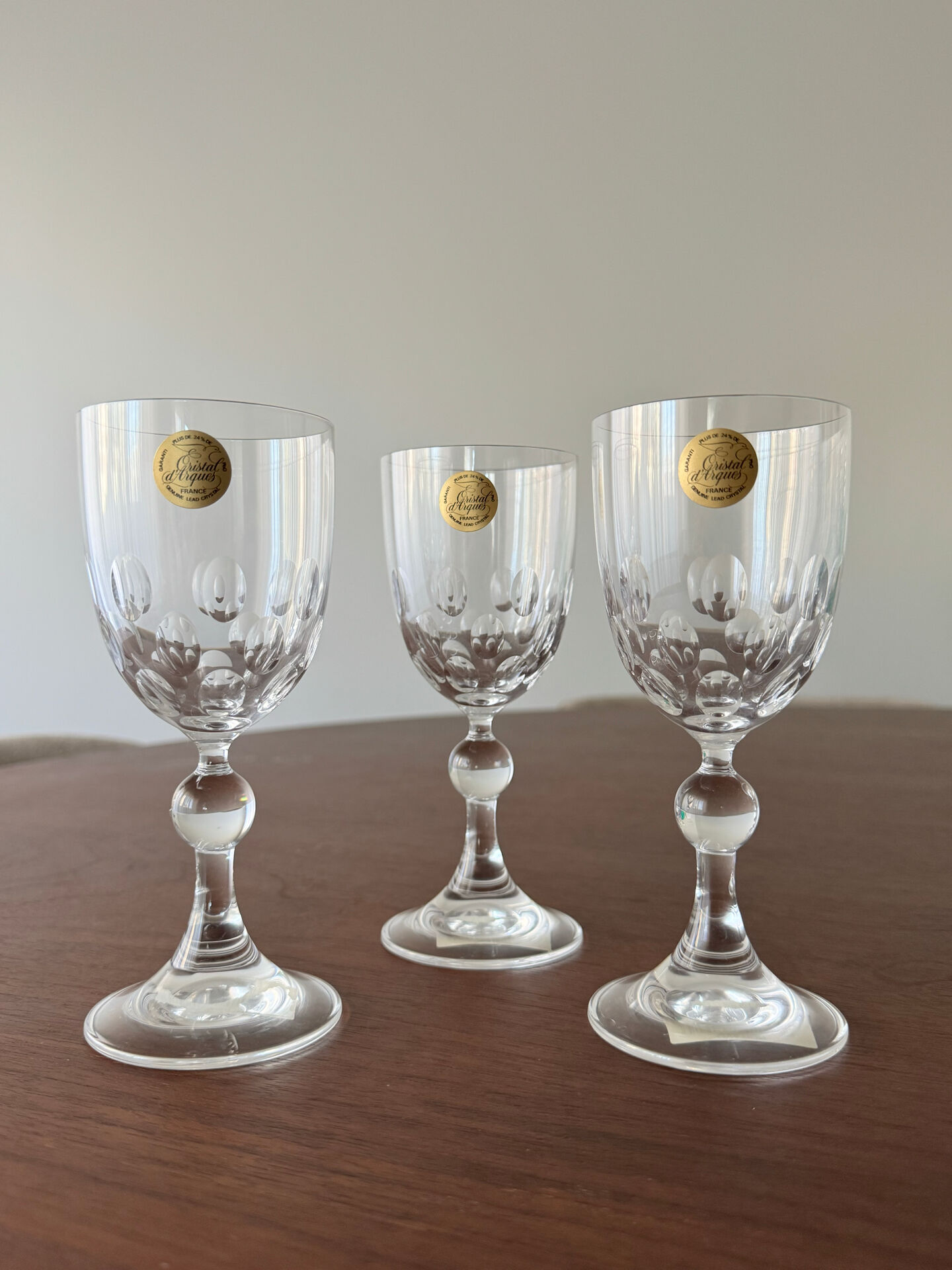 Set of 3 Vintage Cristal d'Arques French Lead Crystal Wine Glasses