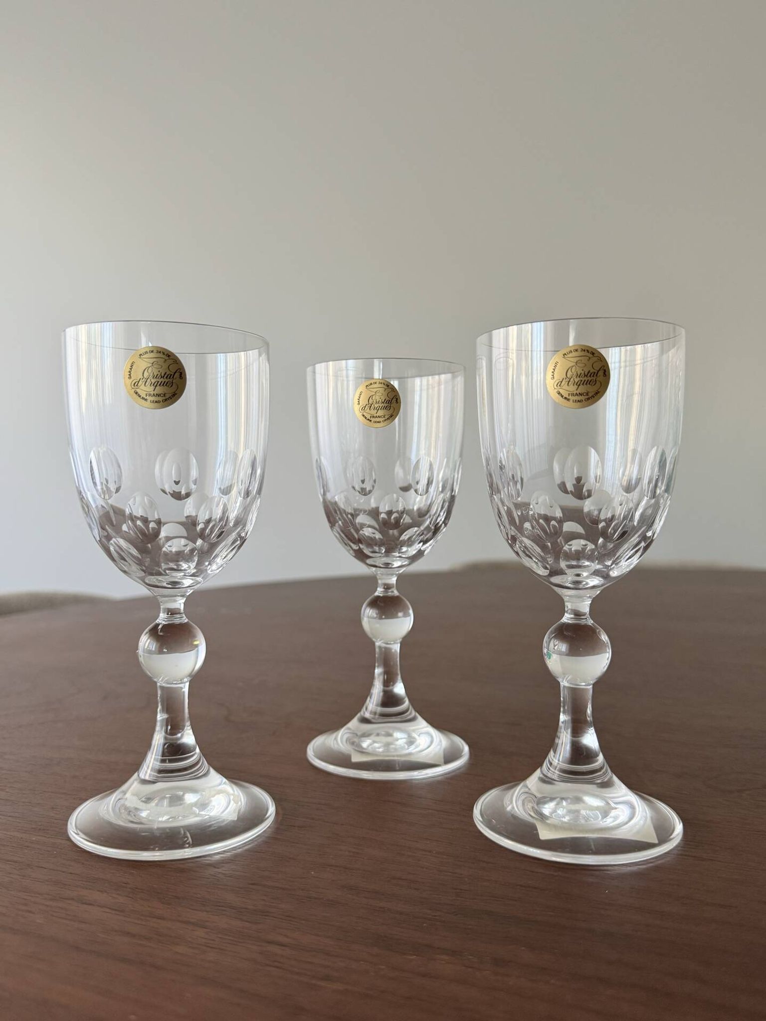 Set of 3 Vintage Cristal d'Arques French Lead Crystal Wine Glasses