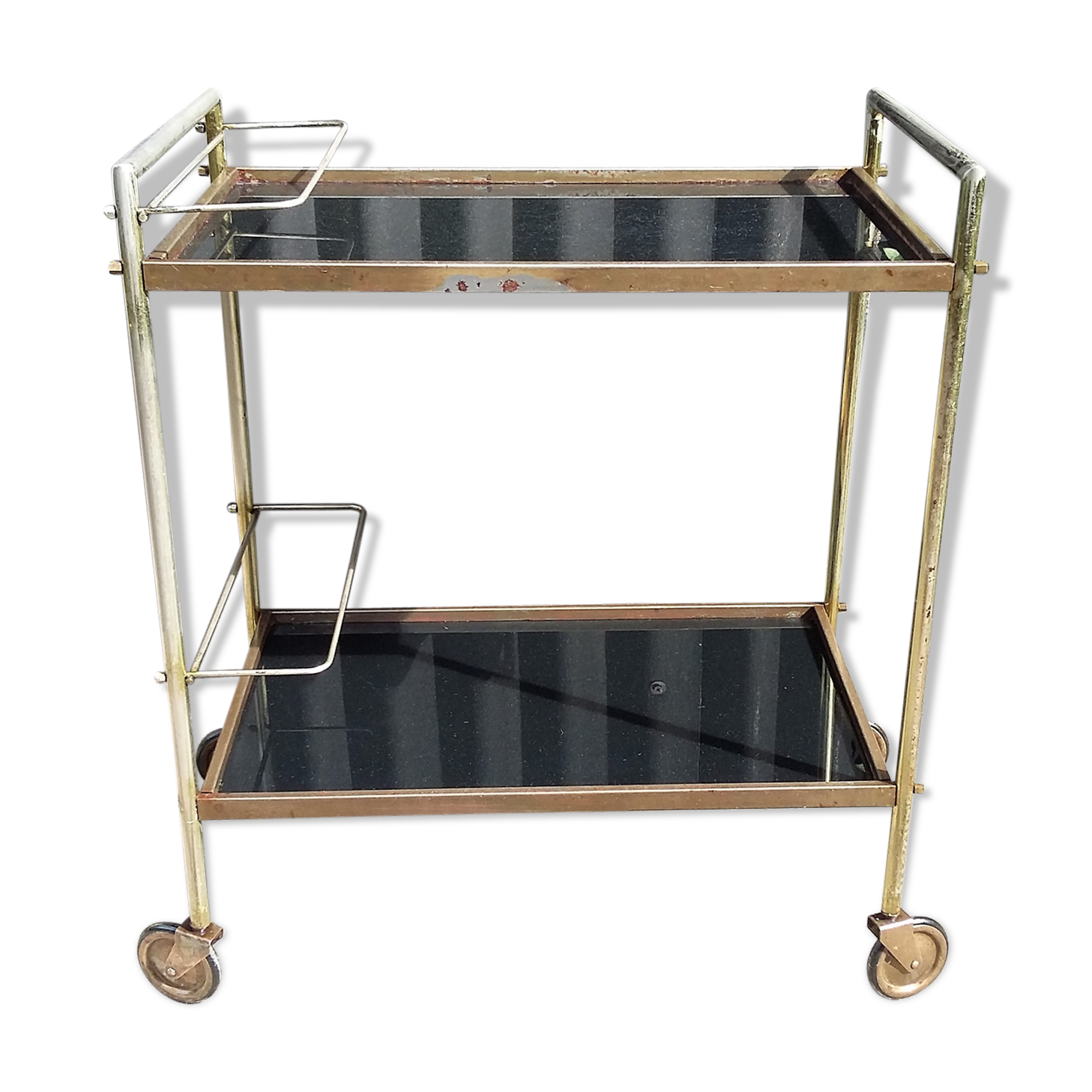 Desserte de bar à roulettes en laiton et verres noir Selency