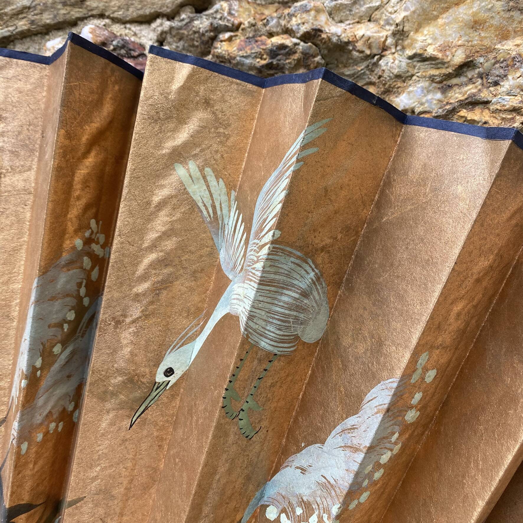 Vintage XXL wall fan hand-painted, Ibis