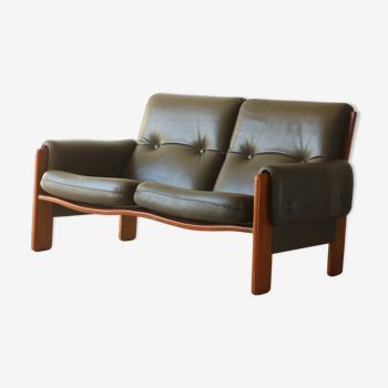 Olive leather two seater sofa, 1970'
