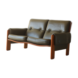 Olive leather two seater sofa, 1970'