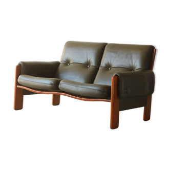 Olive leather two seater sofa, 1970'