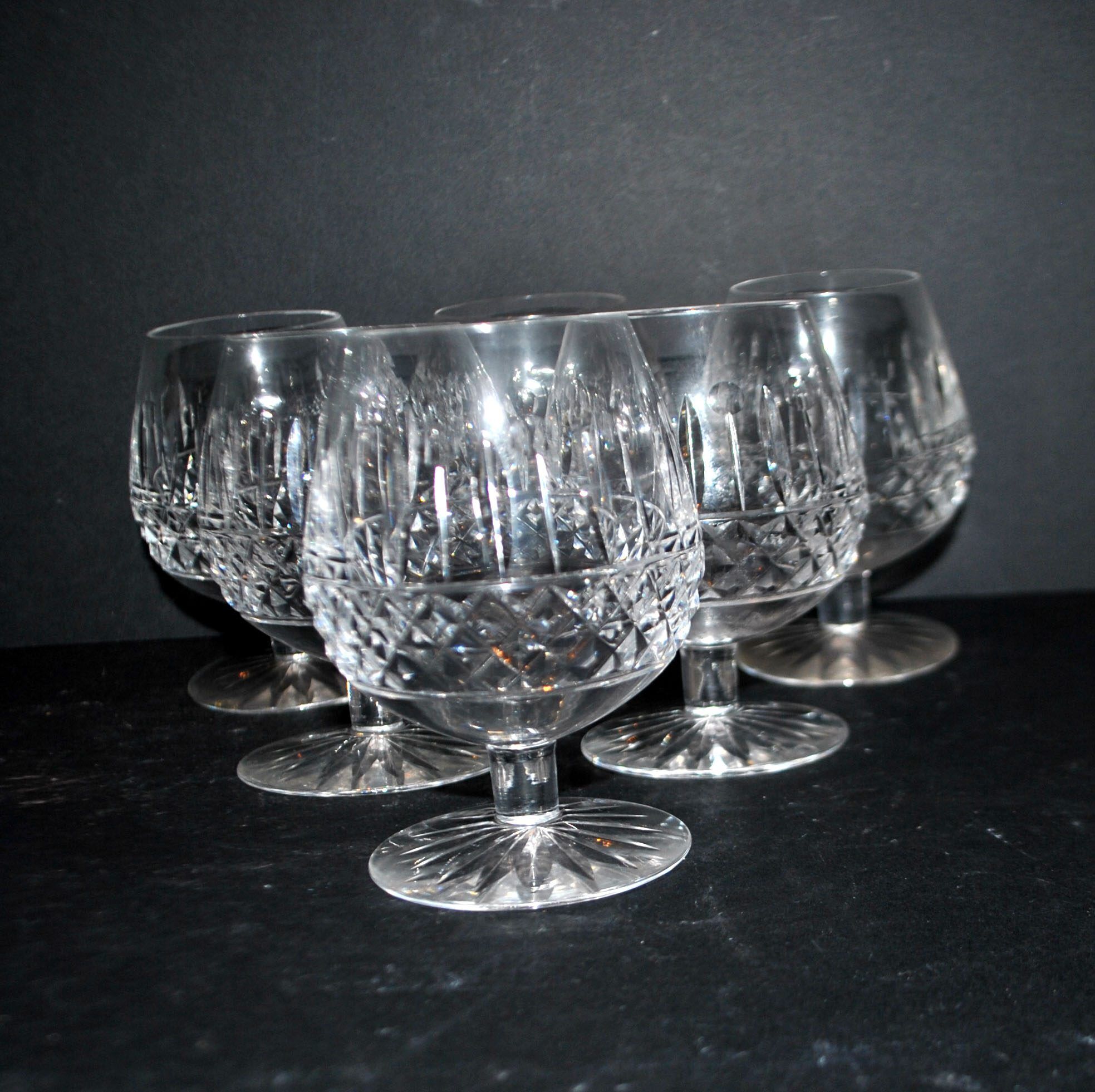 Lorraine crystal cut cognac glasses set of 6 in the style of Tommy Lemberg.