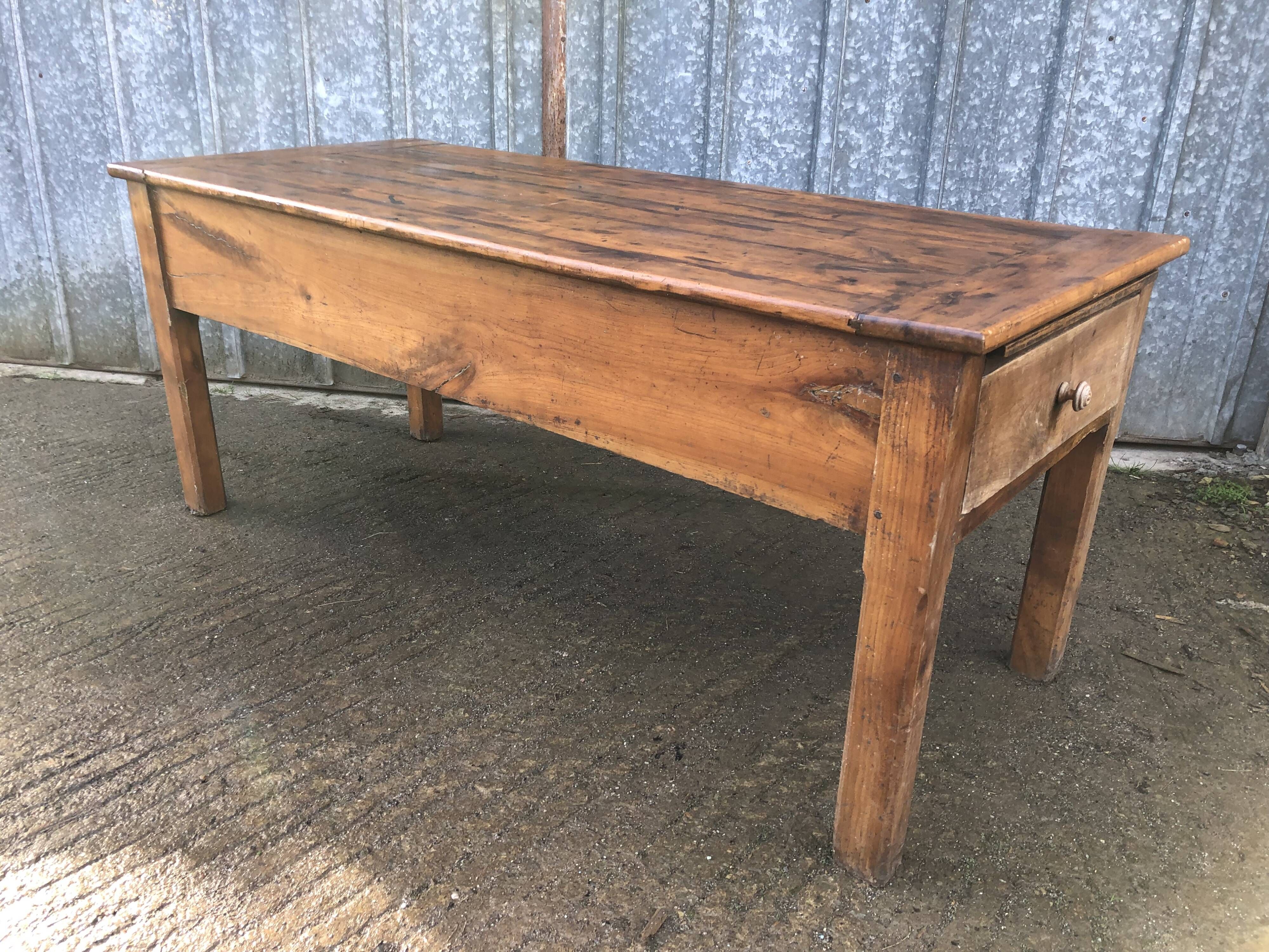Antique Rustic Solid Cherry Farmhouse Table with 3 Drawers and 1 Pull Out
