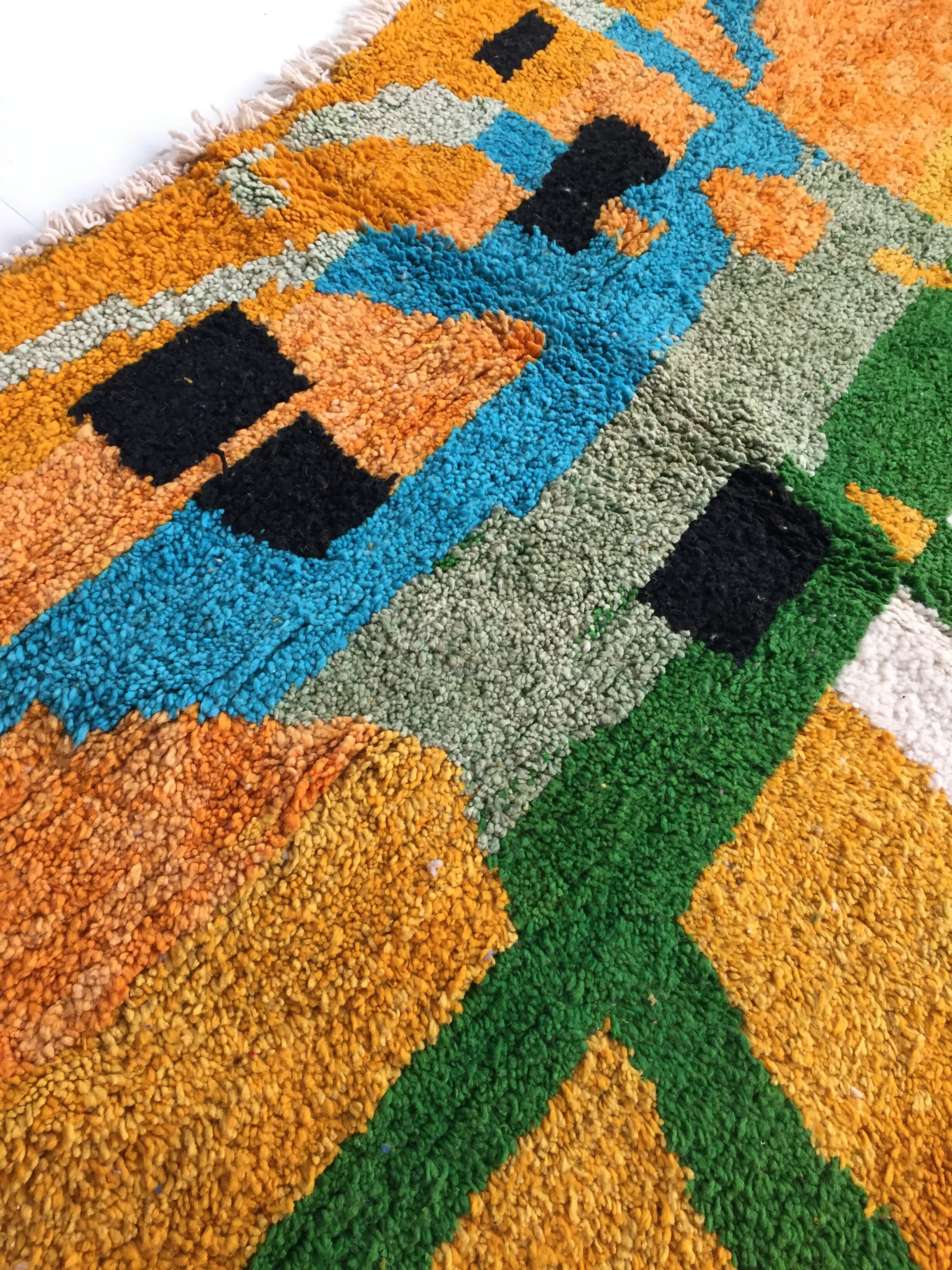 Moroccan Berber carpet Boujaad mustard with colorful patterns 275x182cm