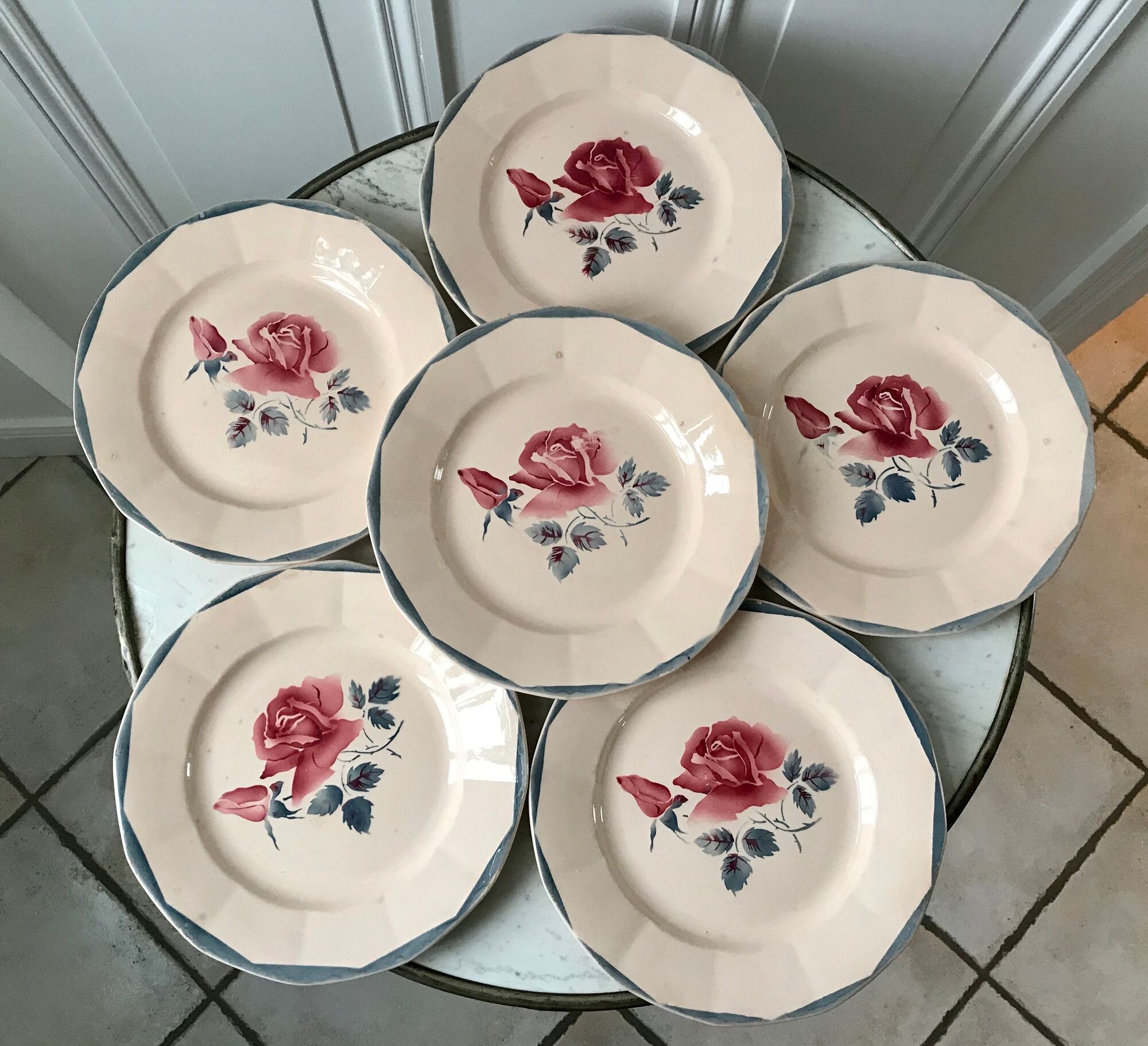 Set of 6 flat plates digoin sarreguemines pink and blue flowers 40s