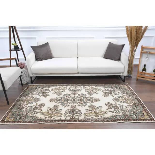 1970s Turkish Oushak Handmade Wool Cotton Beige Area Rug  119x208
