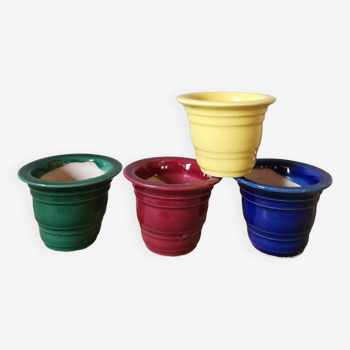 Lot de 4 petits pots de fleurs vintage barbotine émaillée multicolor