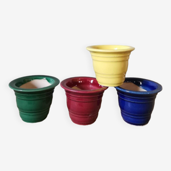 Set of 4 small vintage multicolor enameled slip flower pots