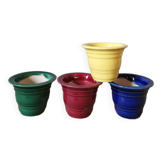 Lot de 4 petits pots de fleurs vintage barbotine émaillée multicolor