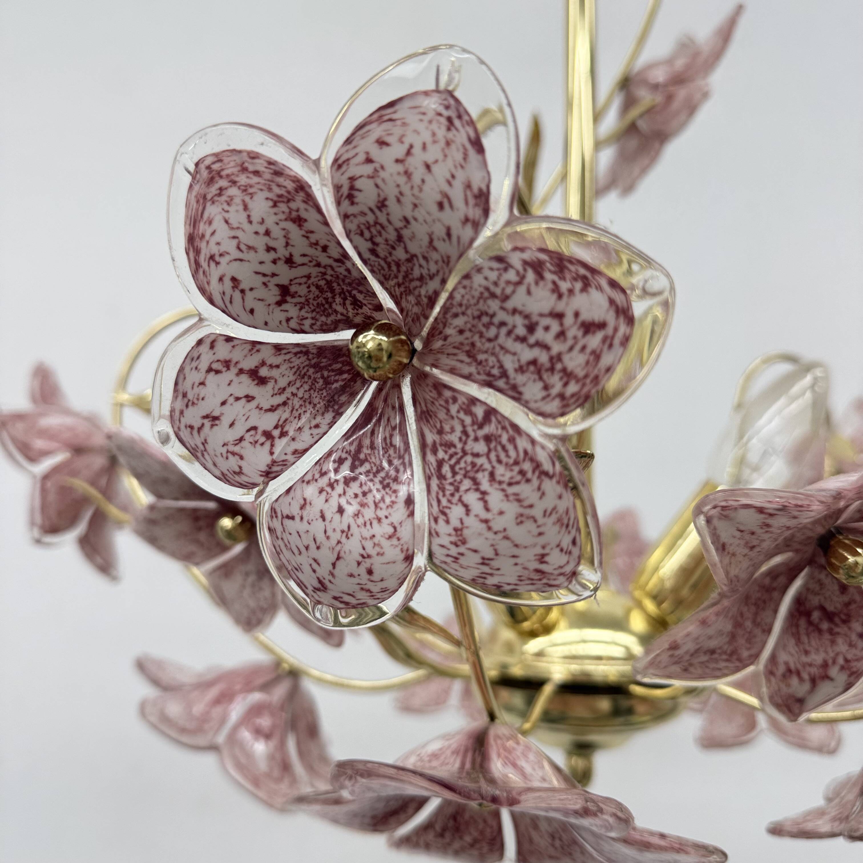 Chandelier with mourn glass pink flowers , 1970s
