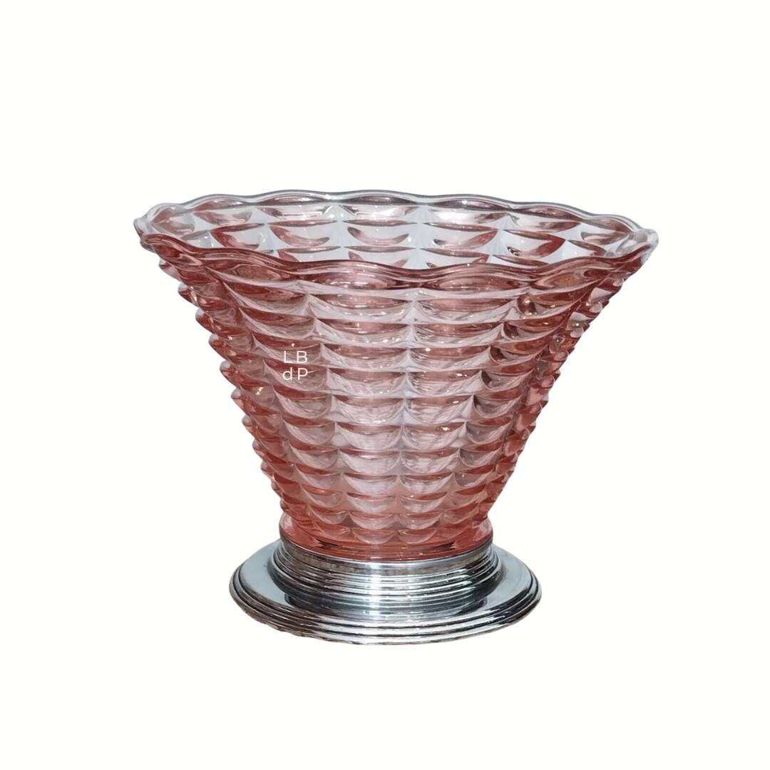 Art Deco cornucopia vase, centrepiece, bowl - blown glass & chrome 1930