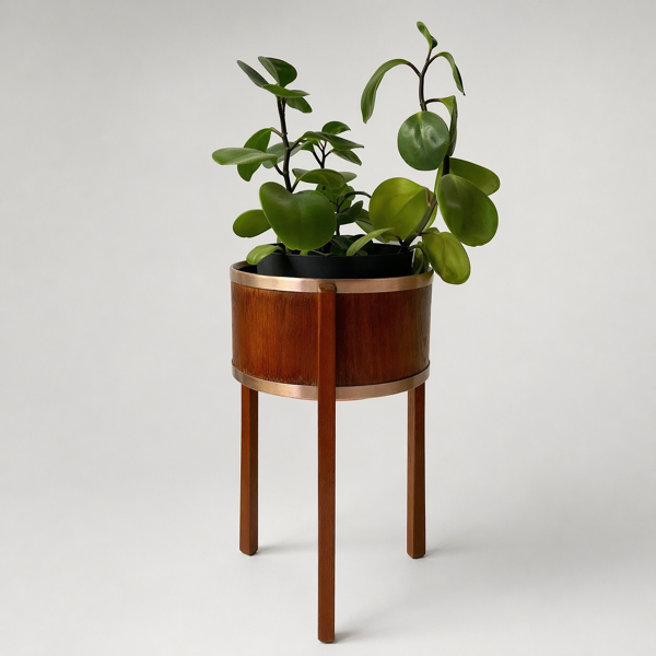 Porte-plante scandinave vintage en teck et cuivre, Suède, années 1960