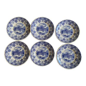Set of 6 dessert plates in blue & white tones by Gien