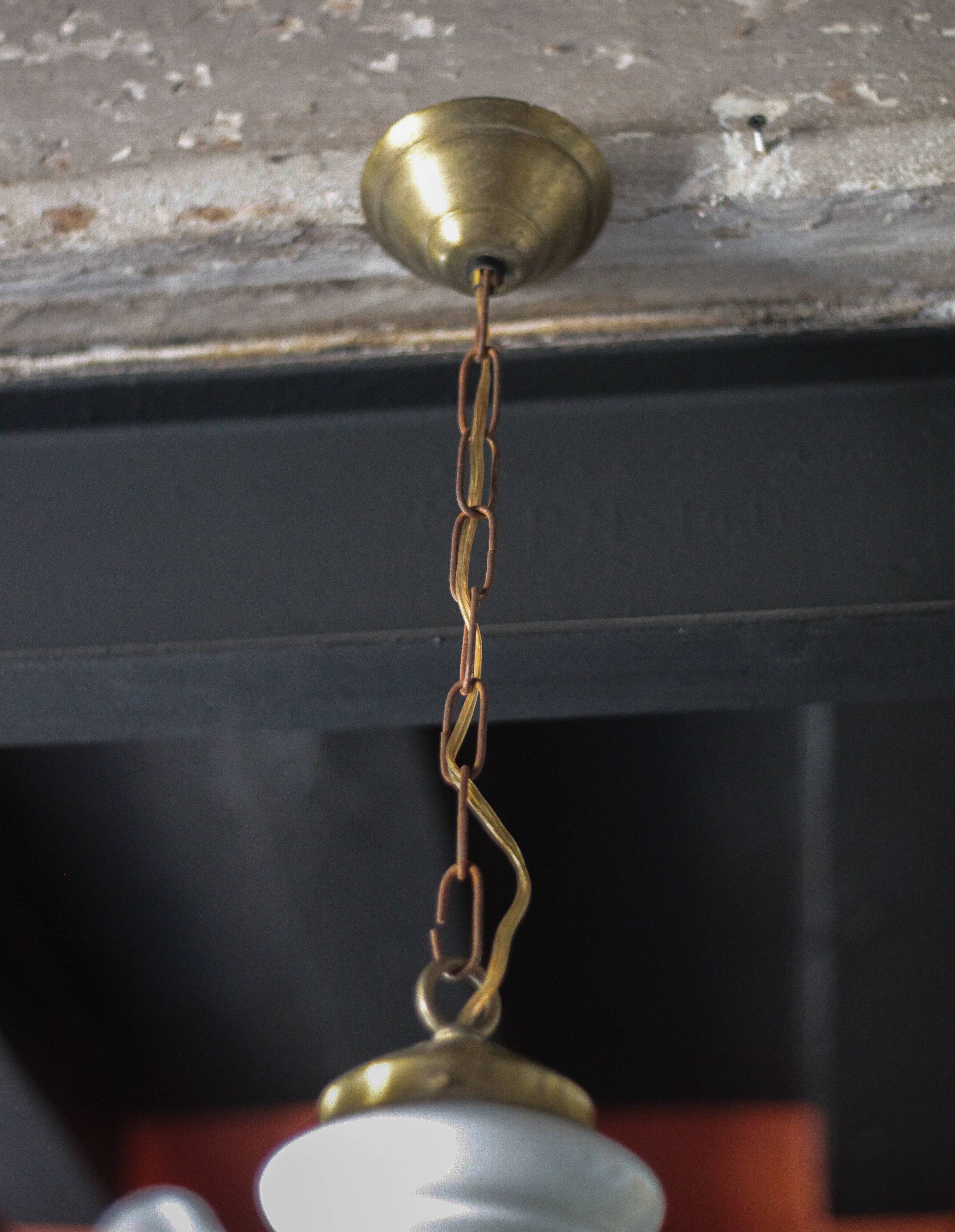 Vintage chandelier, white opaline chandelier and metal, opaline pendant, lamp