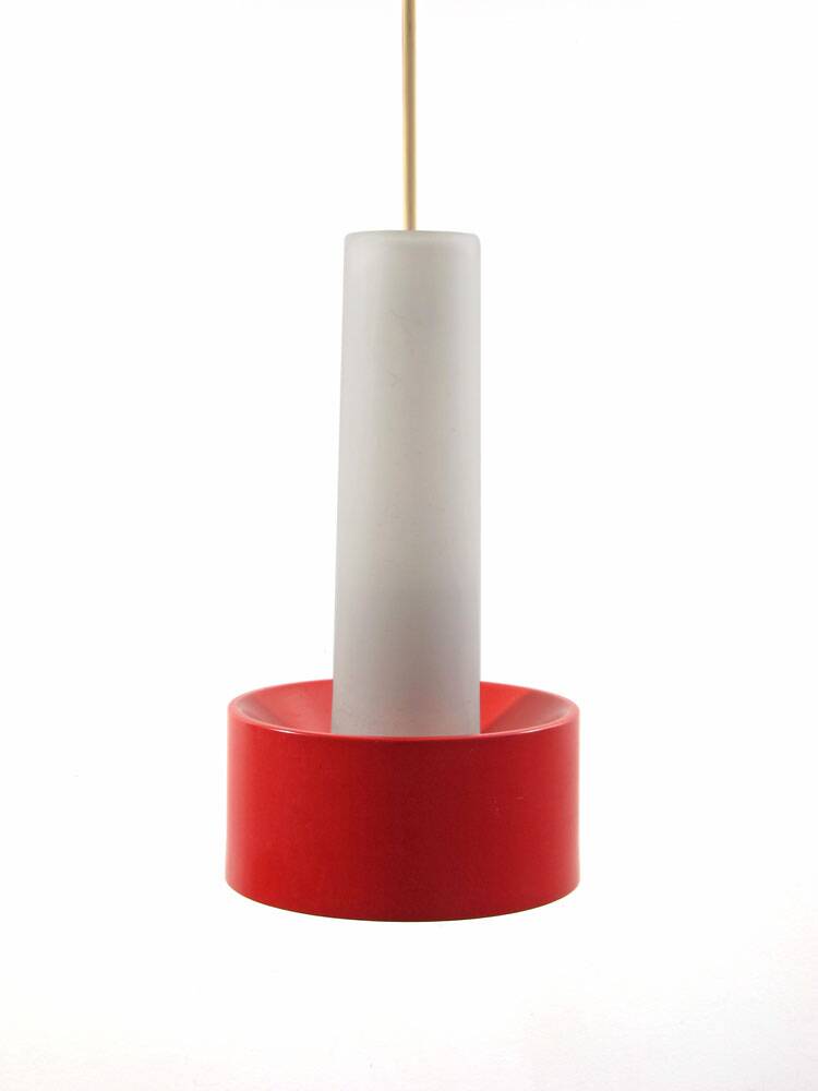 Philips Louis Kalff Mid-Century Hanging Lamp – Red and Opal Glass