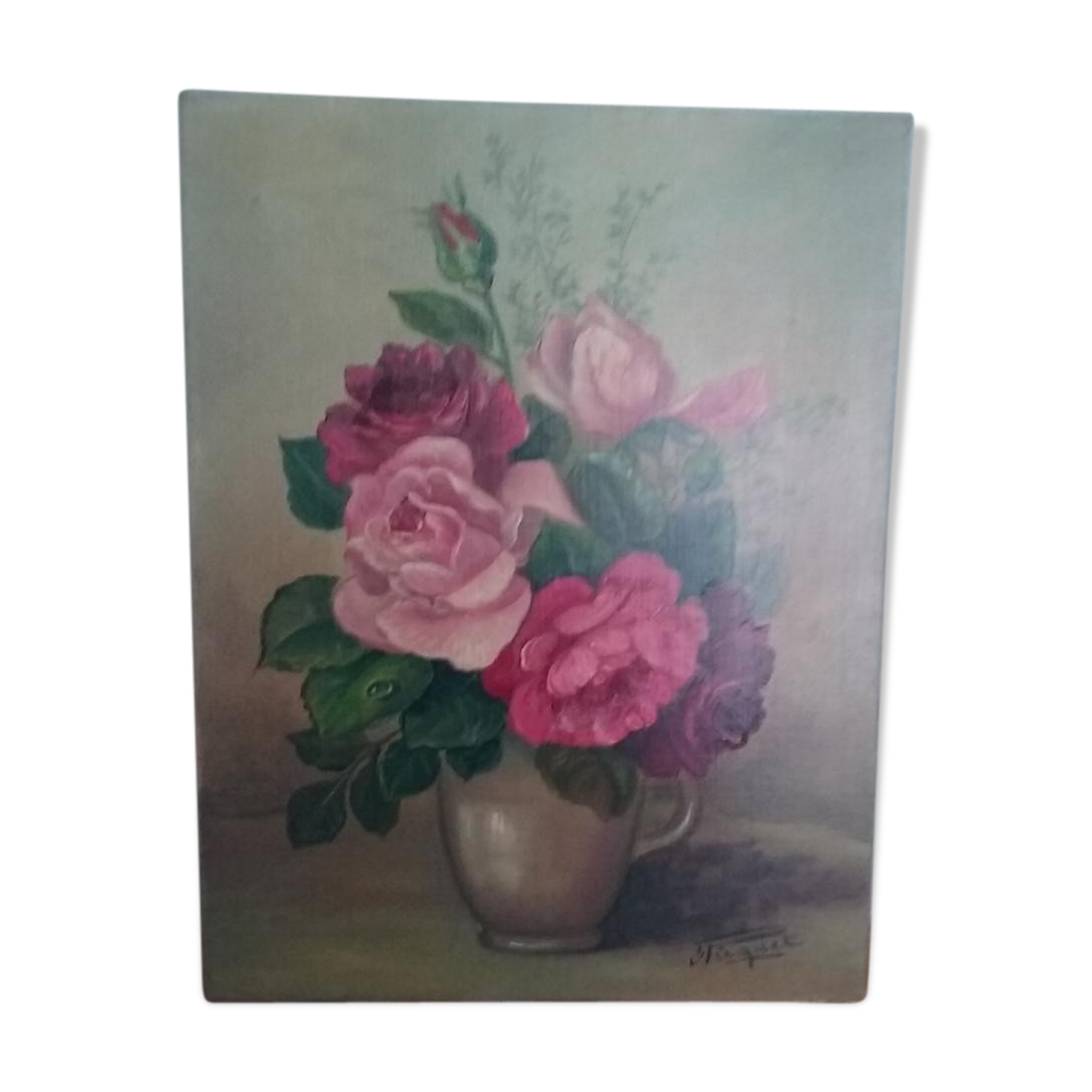 Still life vintage oil on canvas representing a bouquet of roses signed Piquet
