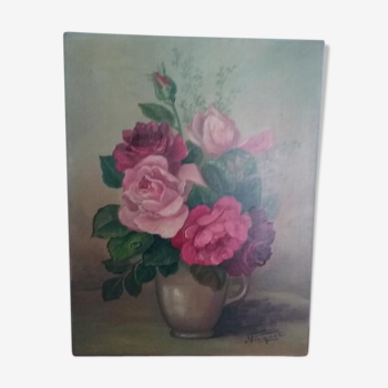 Nature morte vintage huile sur toile représentant un bouquet de roses signé Piquet