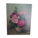 Still life vintage oil on canvas representing a bouquet of roses signed Piquet