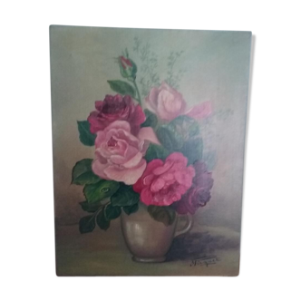 Nature morte vintage huile sur toile représentant un bouquet de roses signé Piquet