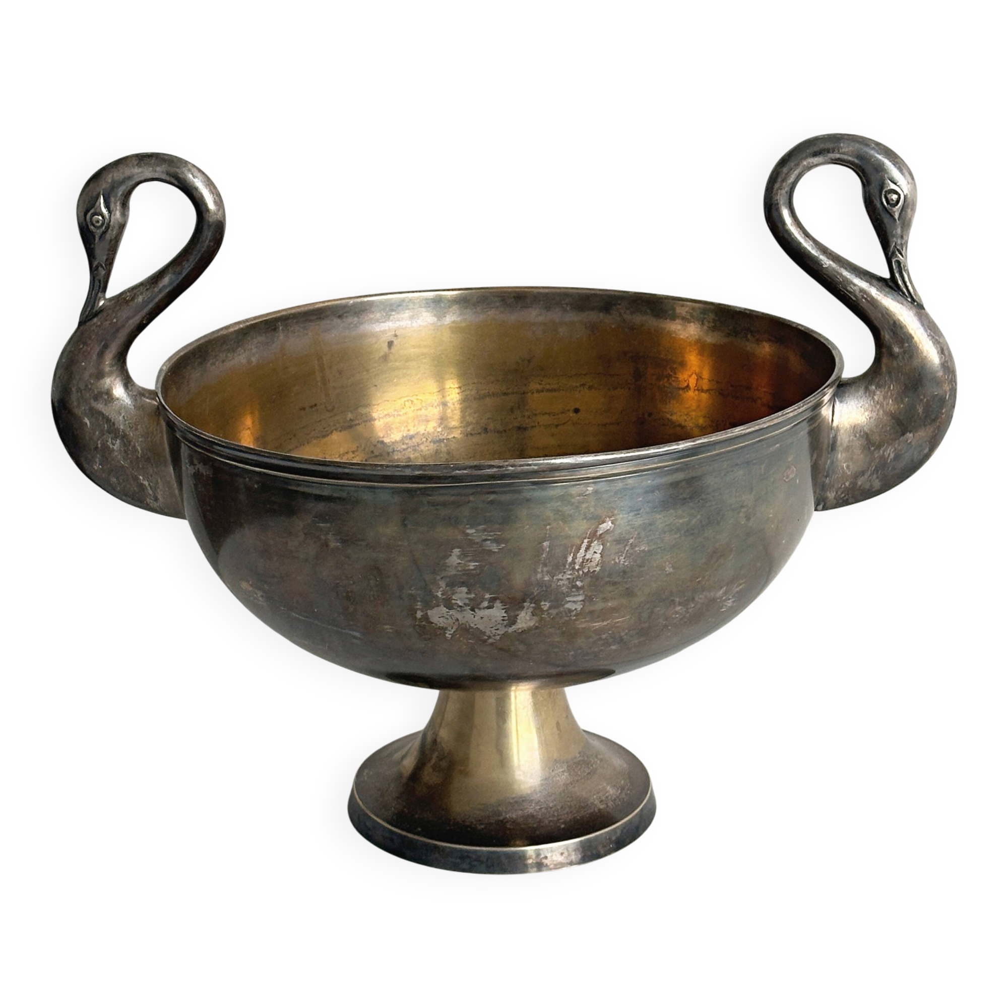 Large champagne bucket with patinated metal swan handles.
