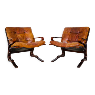 Vintage mid century brown buffalo leather lounge chair set of two by oddvin rykken 1960s