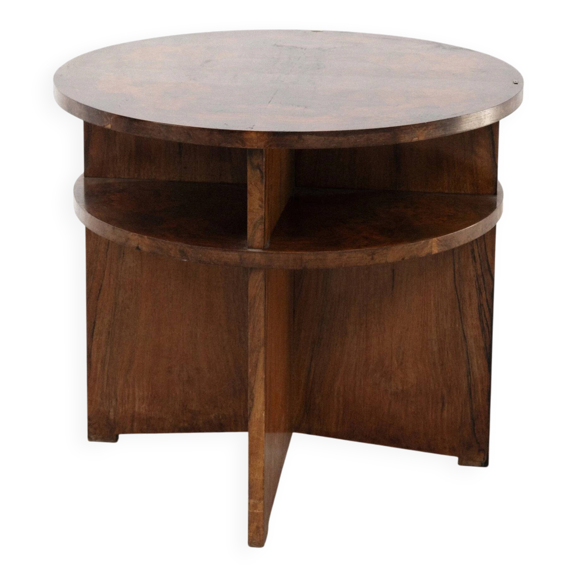 Table basse circulaire moderniste française avec étagères, vers 1935