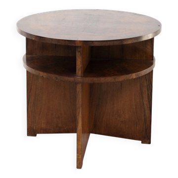 French modernist circular coffee table with integrated shelving, c. 1935