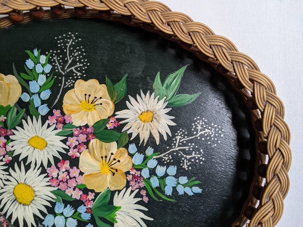 Serving tray with floral decoration, handmade braiding, bohemian countryside