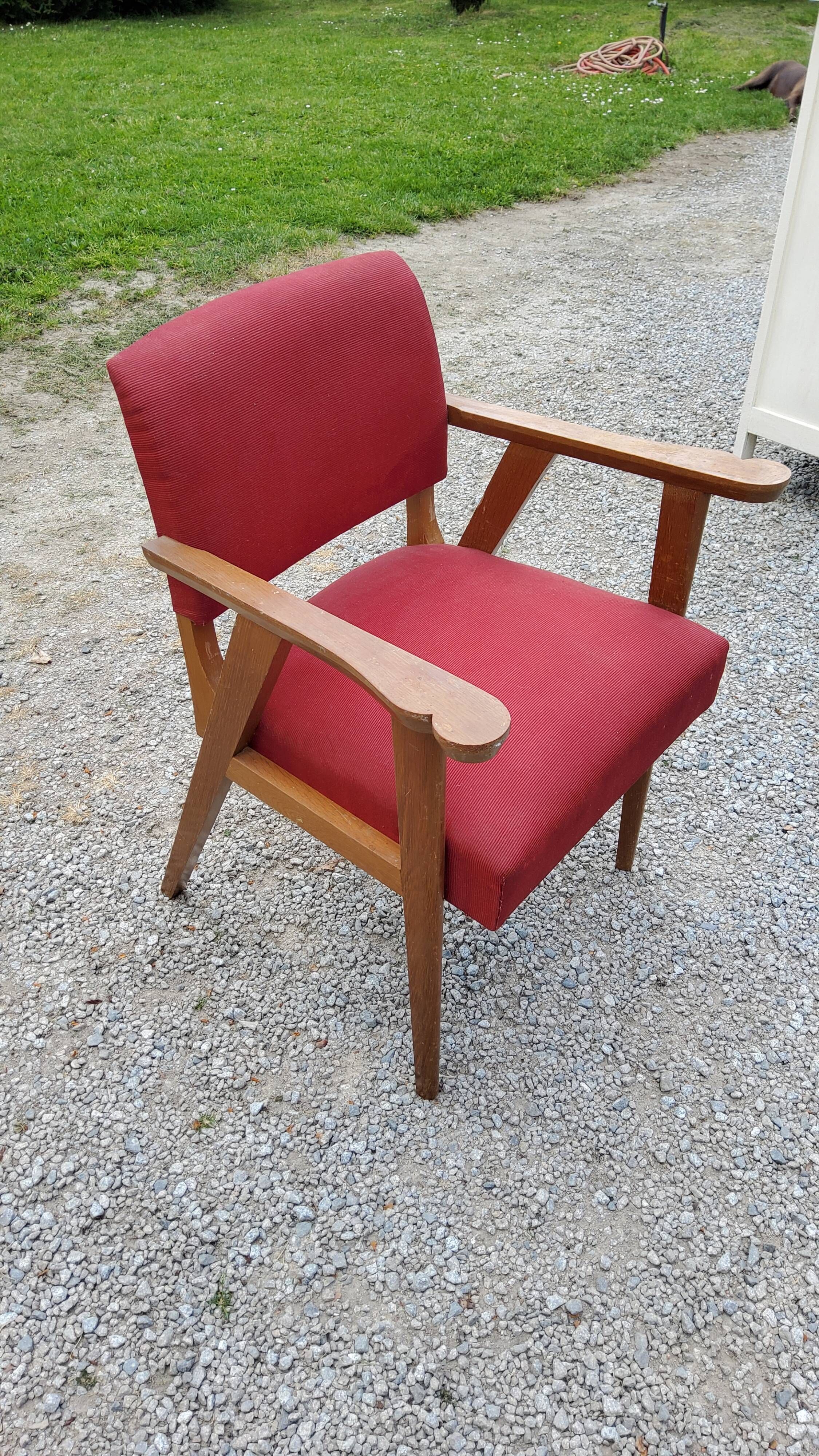 Armchair of the 50s in blond oak and red fabrics compass feet