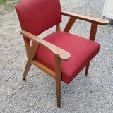 Armchair of the 50s in blond oak and red fabrics compass feet