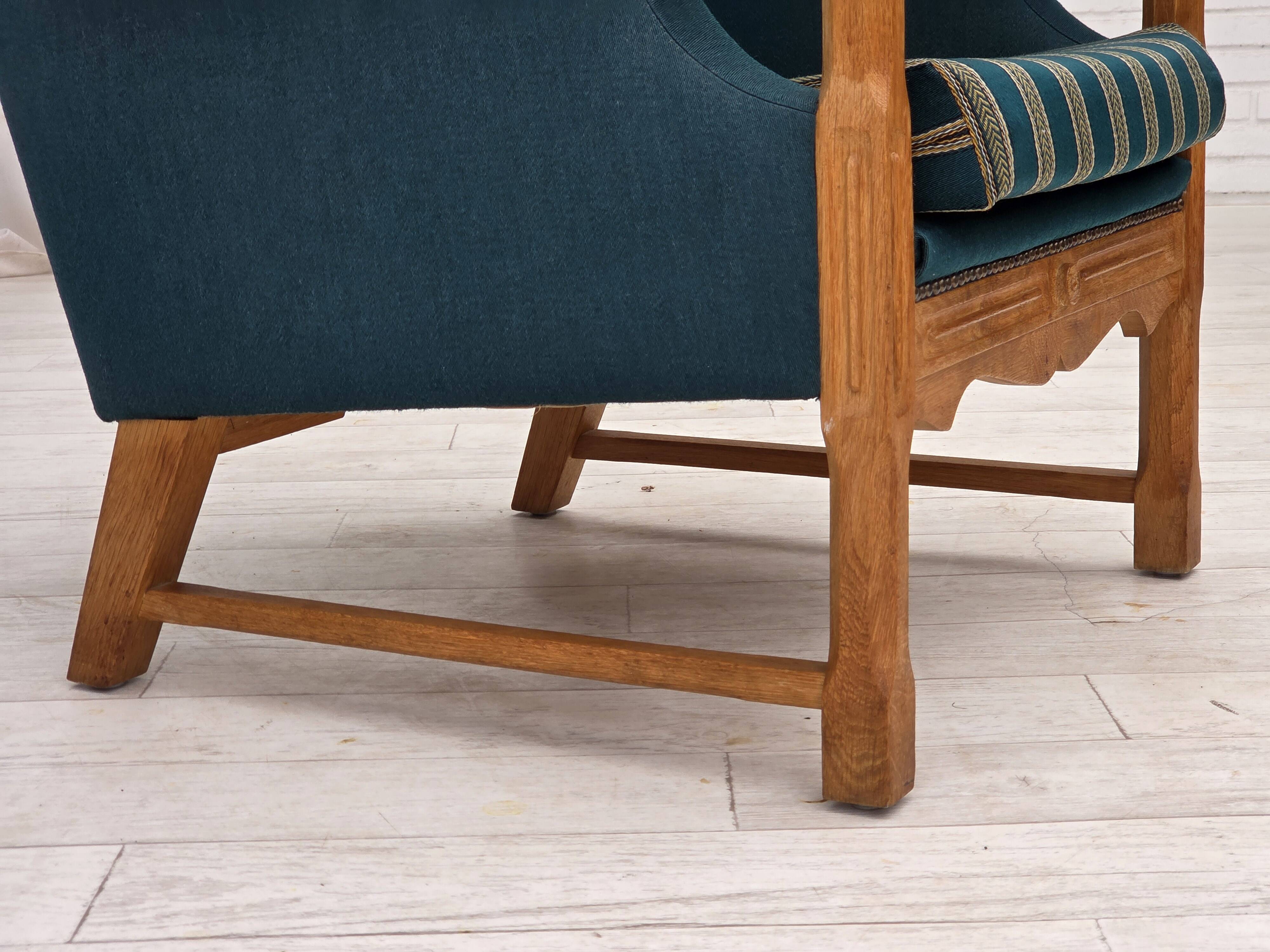 1970s, Danish highback armchair, furniture wool, solid oak wood.