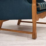 1970s, Danish highback armchair, furniture wool, solid oak wood.