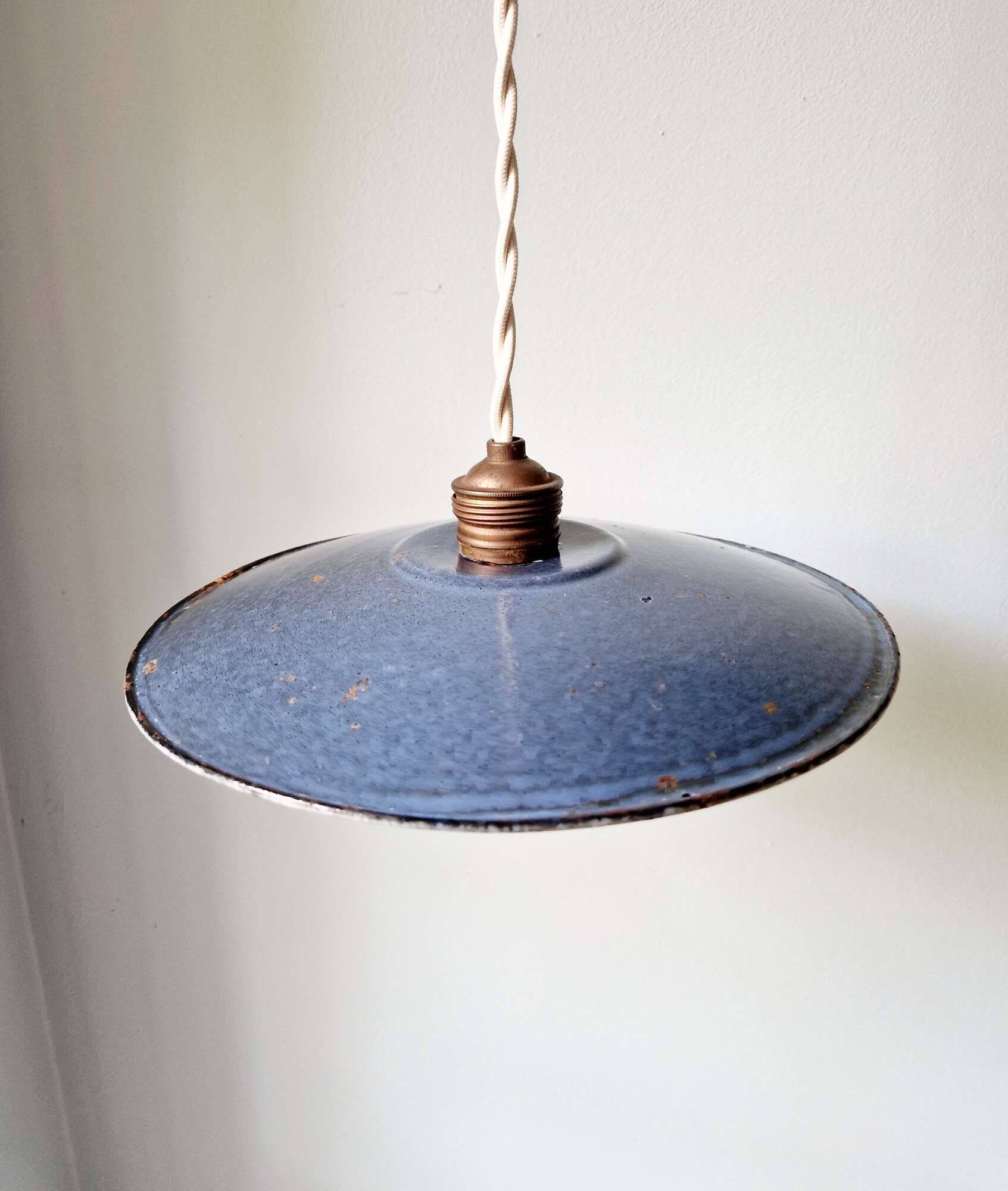Old industrial pendant light in blue/grey enamelled sheet metal