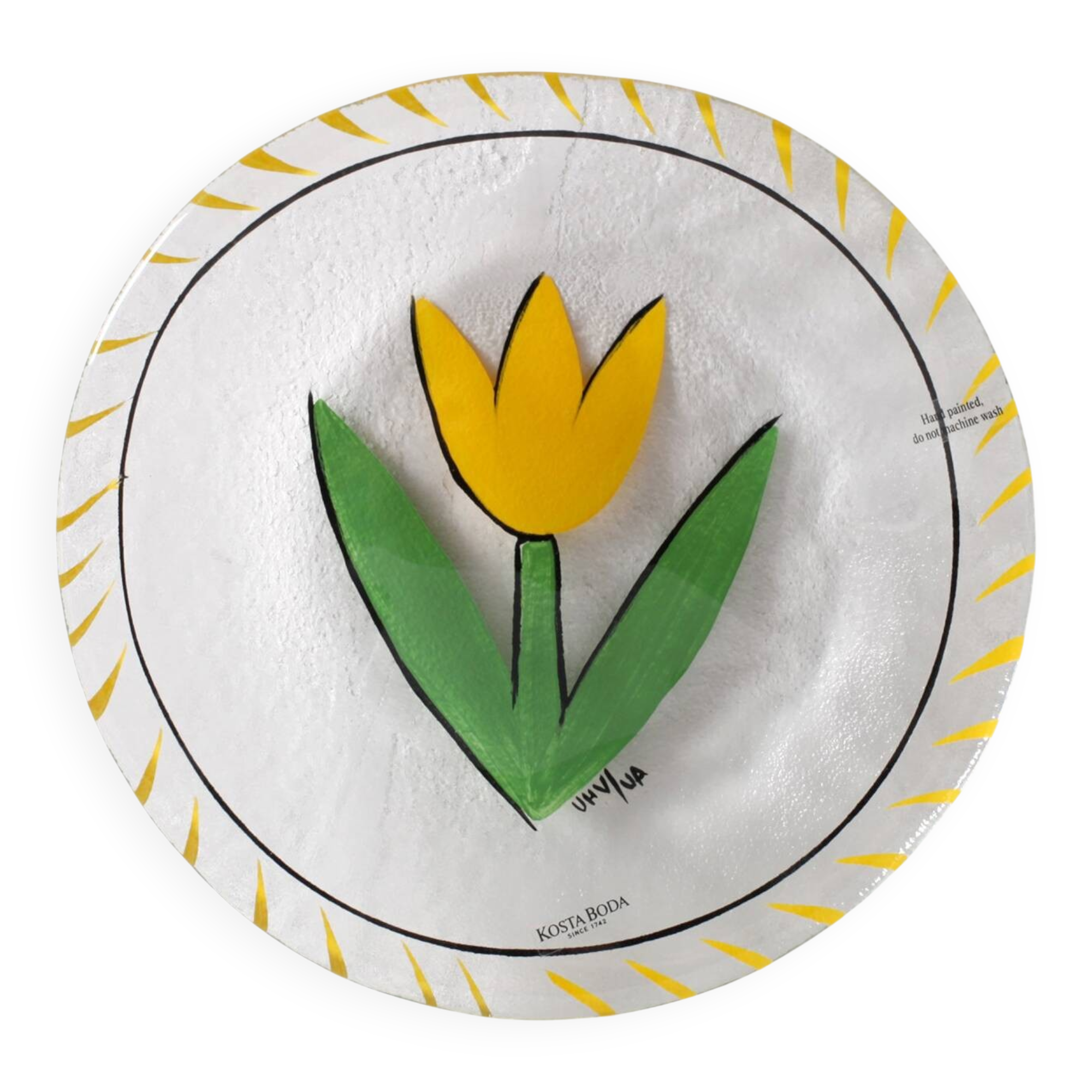 Assiette en verre vintage tulipe jaune design par Ulrica Hydman Vallien Kosta Boda