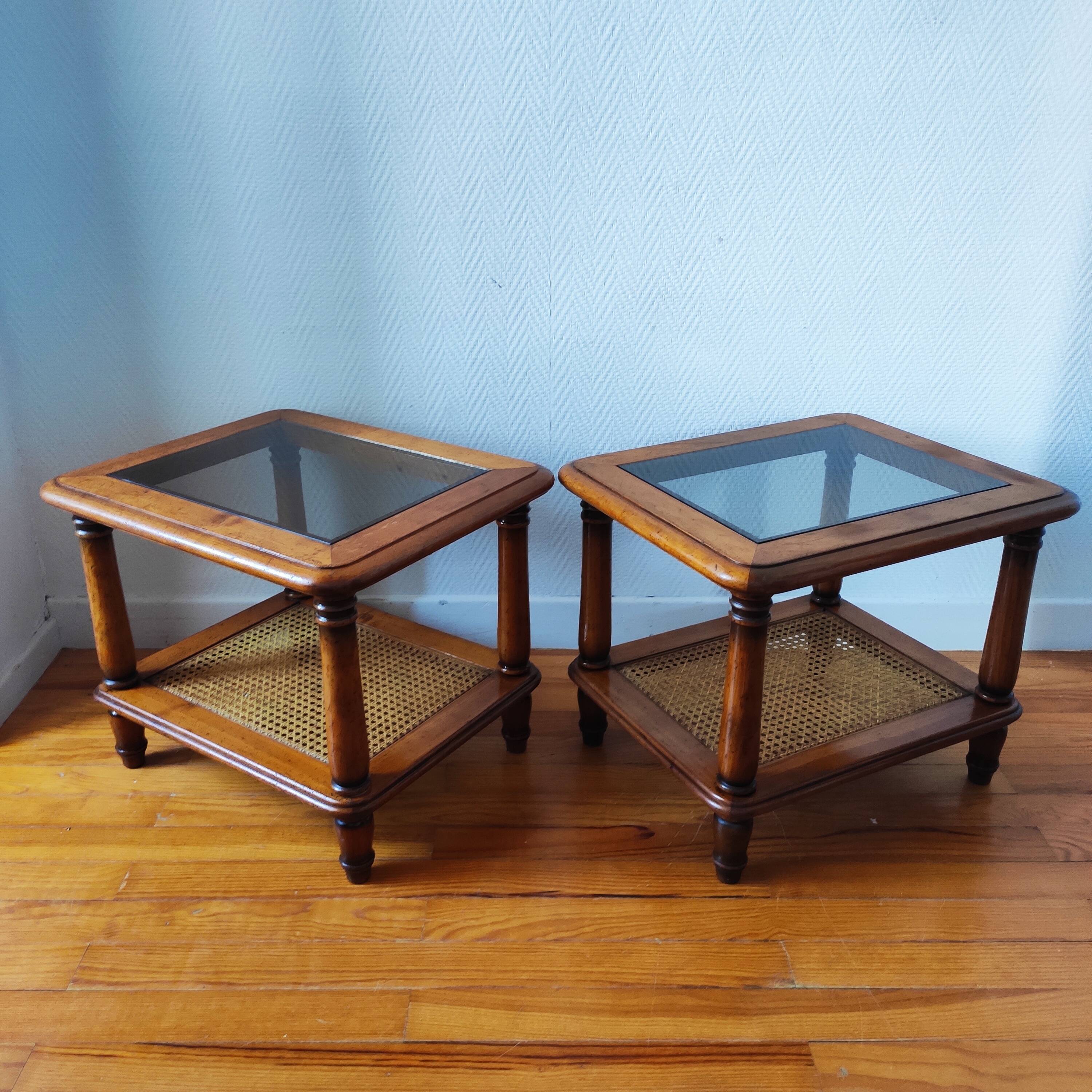Pair of wooden and cane sofa ends