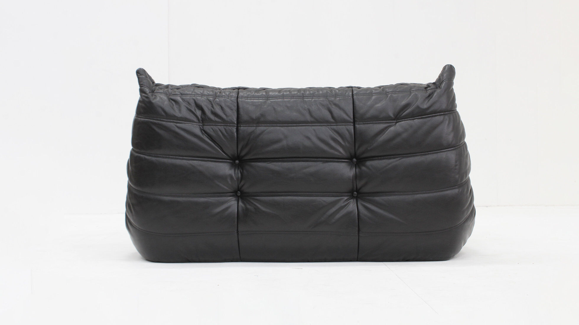 Vintage Togo Ligne Roset 2 seater sofa black leather by Michel Ducaroy 1990s