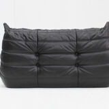 Vintage Togo Ligne Roset 2 seater sofa black leather by Michel Ducaroy 1990s