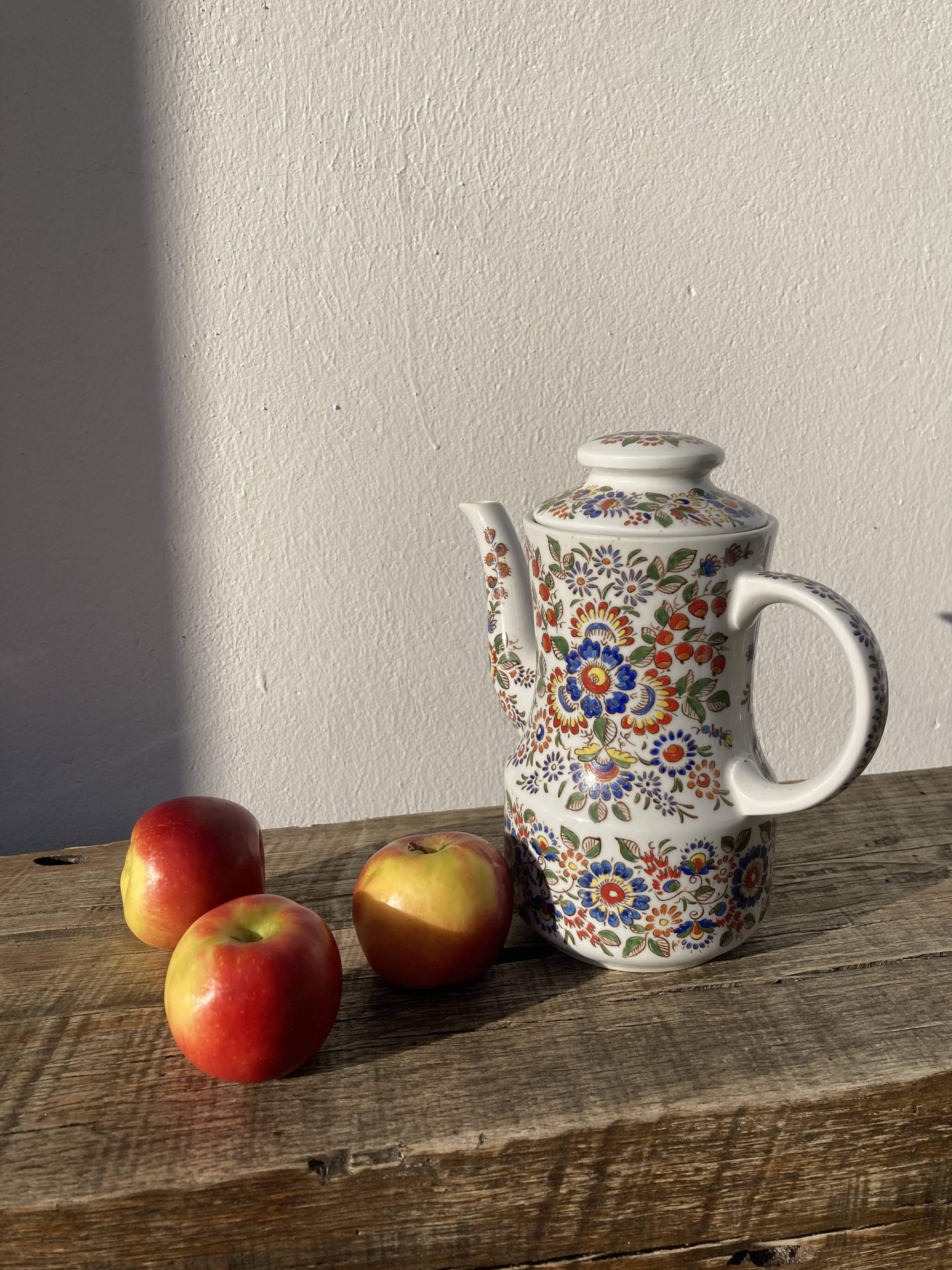 White hand-painted porcelain teapot with flowers Poland 1970s