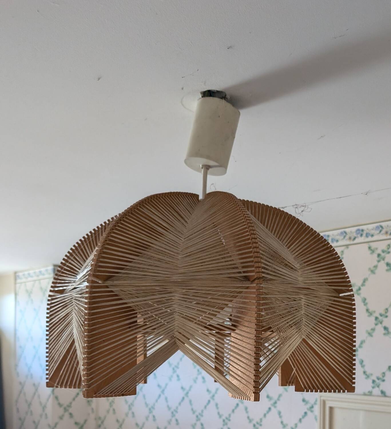Vintage Scandinavian wood and raffia pendant chandelier
