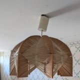 Vintage Scandinavian wood and raffia pendant chandelier