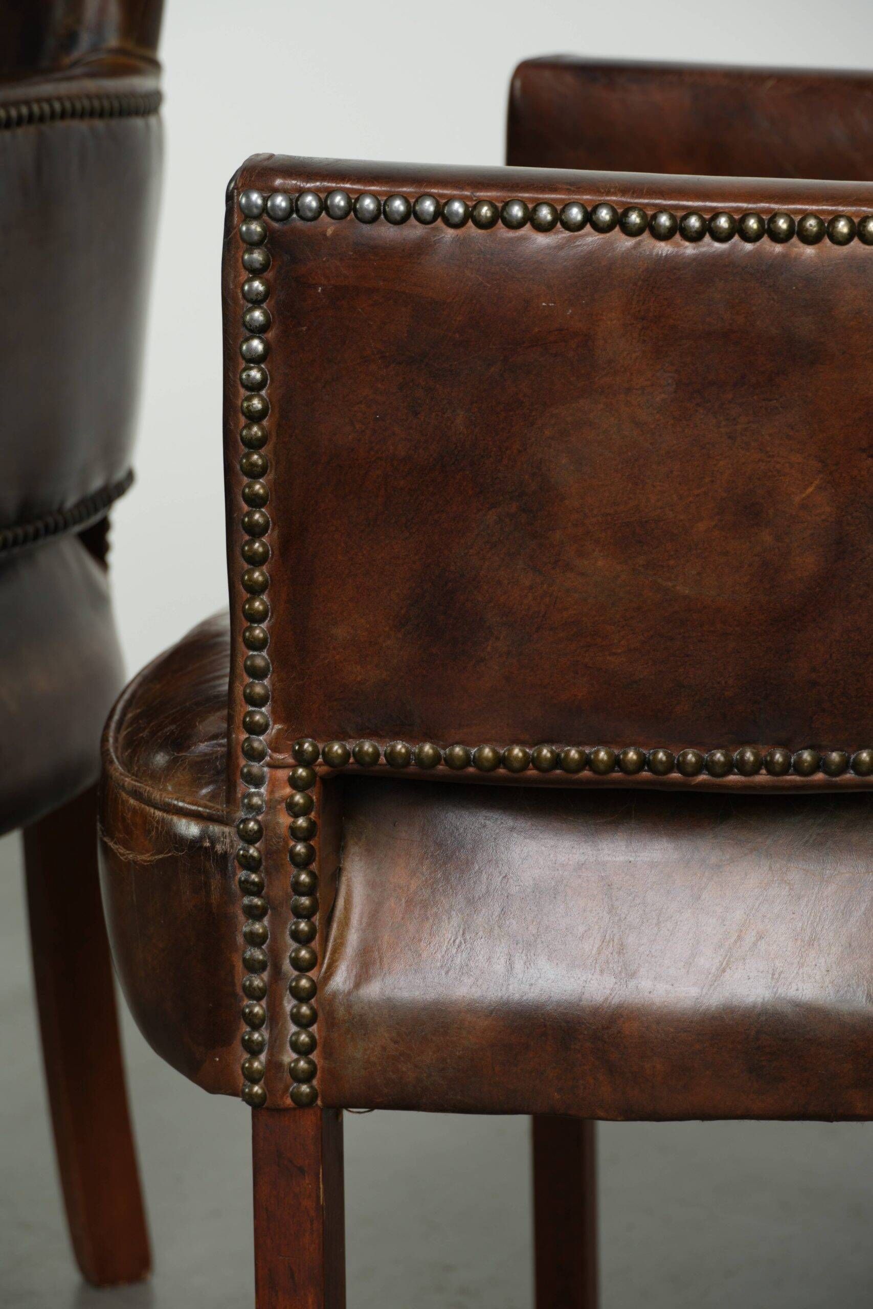 Characterful set of 6 cowhide dining chairs made of grained leather
