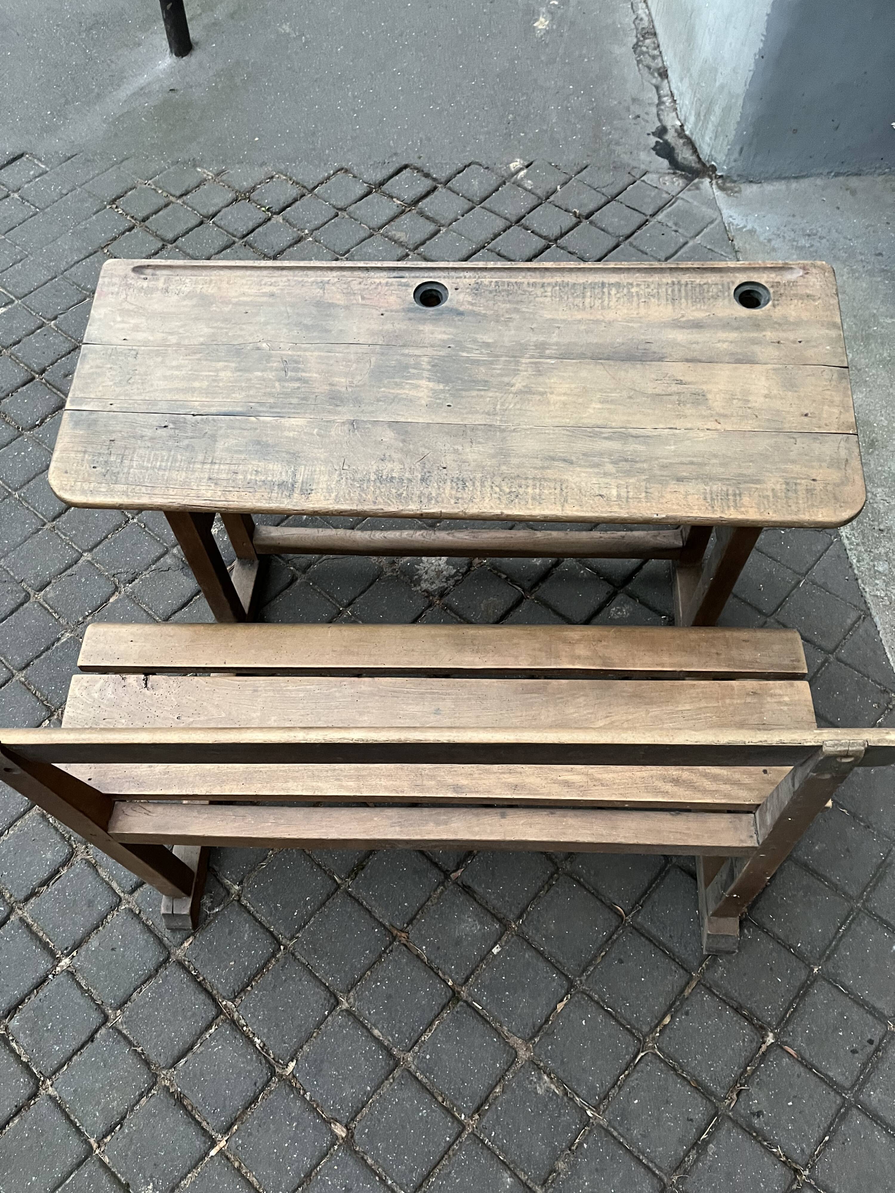 Old double school desk with built-in bench