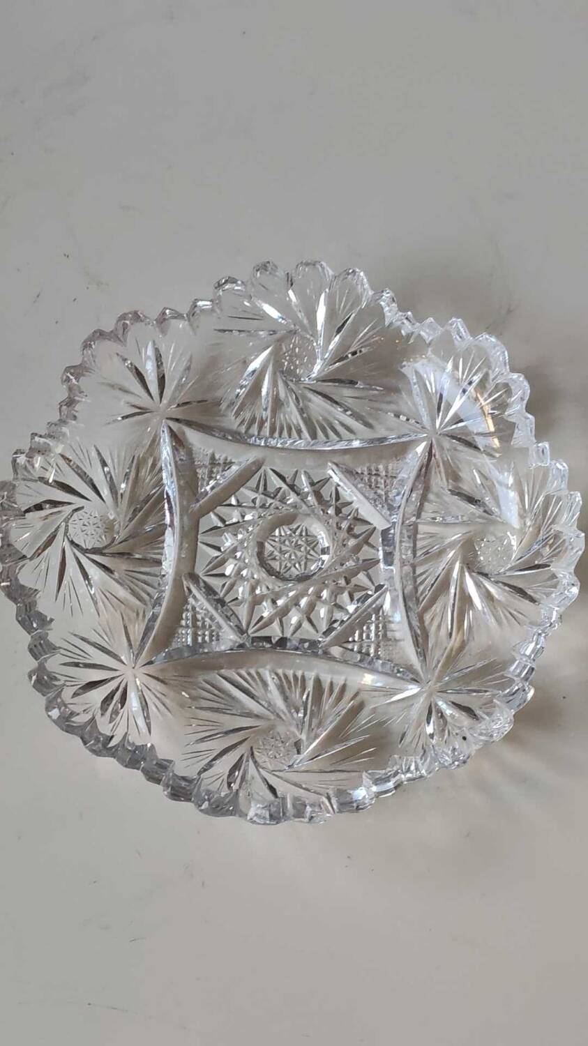 Vintage pocket tray in cut Bohemian crystal. Sophisticated star/brass patterns. Stylish Czech Boho