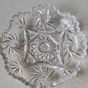 Vintage pocket tray in cut Bohemian crystal. Sophisticated star/brass patterns. Stylish Czech Boho